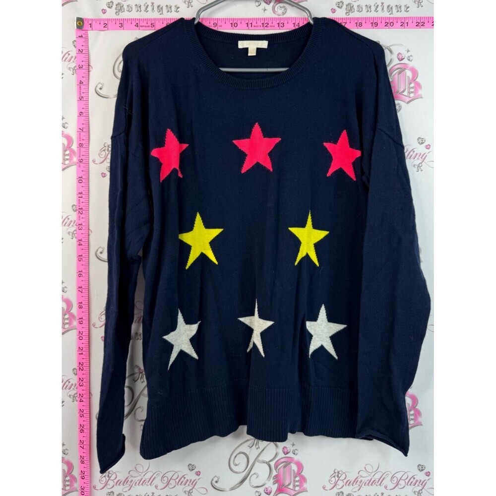 Lisa Todd sweater stars rainbow Navy Sweater with Pink, Yellow & White Stars
